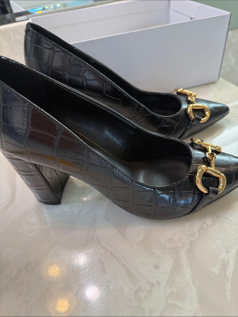 Marc Fisher Black Leather Pointed Toe Pumps with Gold Horsebit Accent